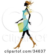 Poster, Art Print Of Sexy Silhouetted Woman With Short Brown Hair Wearing A Blue Dress Walking Past With A Shopping Bag On Her Arm
