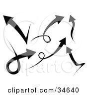 Clipart Illustration Of A Group Of Six Black Arrows Going In Different Directions Some With Loops by OnFocusMedia