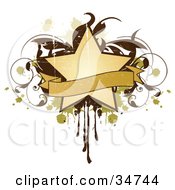Poster, Art Print Of Grungy Beige Star And Blank Banner Over A Brown Vine And Green And Beige Splatters And Drips