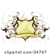 Poster, Art Print Of Yellow Grungy Shield With A Wavy Blank Banner And Brown Scrolling Vines Over A White Background With Beige Splatters
