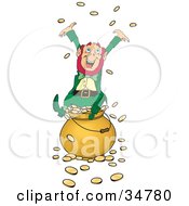 Greedy And Rich Leprechaun Sitting Atop A Pot Of Gold Tossing Coins Into The Air