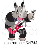Clipart Illustration Of A Male Rhino In A Tuxedo Playing A Pink Electric Guitar