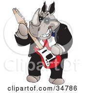 Clipart Illustration Of A Male Rhino In A Tuxedo Wearing Shades And Playing A Red And White Electric Guitar