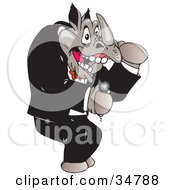 Clipart Illustration Of A Male Rhino In A Tuxedo Dancing And Singing Into A Microphone