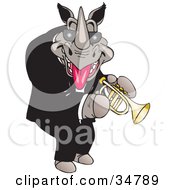 Clipart Illustration Of A Male Rhino In A Tux And Shades Sticking Out His Tongue And Playing A Trumpet
