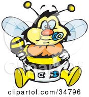 Baby Bumble Bee Character In A Diaper Sucking On A Pacifier And Holding A Rattle
