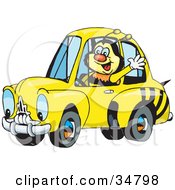 Clipart Illustration Of A Bumble Bee Character Waving While Driving By In A Matching Car by Dennis Holmes Designs #COLLC34798-0087