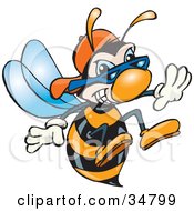 Clipart Illustration Of A Black And Orange Hornet Wearing Shades And A Hat Thrusting His Stinger Forward by Dennis Holmes Designs