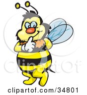 Bumble Bee Character Touching His Lips To Shush Someone While Tip Toeing