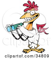 Clipart Illustration Of A Grinning White Cock With A Golden Tooth Holding A Pair Of Binoculars