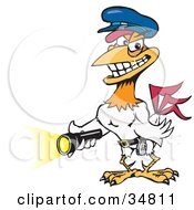 Clipart Illustration Of A White Rooster Security Guard With A Golden Tooth Smiling And Shining A Flashlight by Dennis Holmes Designs