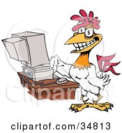 Poster, Art Print Of Grinning Rooster With A Golden Tooth And Dollar Sign Eyes Typing On A Computer