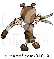 Cute Little Brown Ant Character Reaching For A Blade Of Grass
