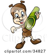 Clipart Illustration Of A Little Brown Ant Character Carrying A Tube Over His Shoulder