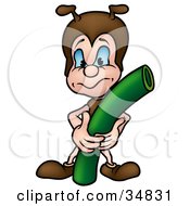 Clipart Illustration Of A Cute Little Brown Ant Character Holding A Green Curving Pipe