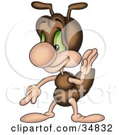 Poster, Art Print Of Cute Brown Ant Character Pointing Down At The Ground