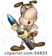 Poster, Art Print Of Surprised Brown Ant Character Holding A Blue Crayon