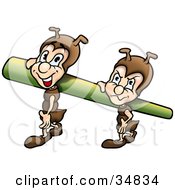 Clipart Illustration Of Two Little Brown Ant Characters Working Together To Move A Green Tube