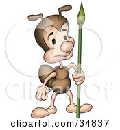 Clipart Illustration Of A Cute Little Brown Ant Character Standing And Guarding With A Spear