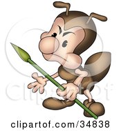 Mad Little Brown Ant Character Guarding With A Spear