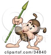 Clipart Illustration Of A Cute Little Brown Ant Character Pointing Down And Holding Up A Spear by dero