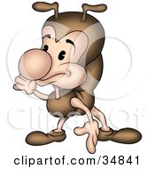 Poster, Art Print Of Cute Little Brown Ant Character Gesturing And Pointing Down