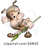 Cute Little Brown Ant Character With A Spear Looking Off To The Side
