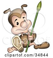 Poster, Art Print Of Cute Little Brown Ant Character Sitting On The Ground And Using A Spear To Get Up