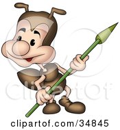 Poster, Art Print Of Cute Little Brown Ant Character Watching His Surroundings And Holding A Spear