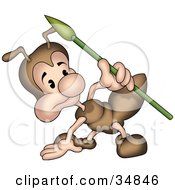 Cute Little Brown Ant Character With A Spear Crouching And Looking At Something