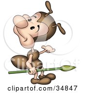 Cute Little Brown Ant Character Carrying A Spear And Looking Back