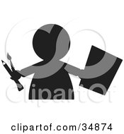 Clipart Illustration Of A Silhouetted Child Holding A Piece Of Paper And Pantbrushes