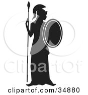 Clipart Illustration Of A Silhouetted Guard Standing Tall With A Spear And Shield