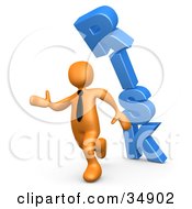 Clipart Illustration Of An Orange Business Man Running From The Toppling Blue Word RISK