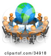 Clipart Illustration Of A Group Of Orange People Working On Laptops At A Round Table With A Globe In The Center by 3poD #COLLC34918-0033
