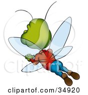 Green Male Beetle In Clothes Flying Away