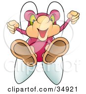 Clipart Illustration Of A Pink Beetle With Green Eyes Flying Down With His Feet First