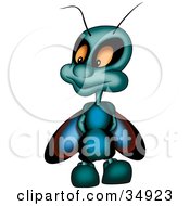 Poster, Art Print Of Blue Beetle Or Fly With His Hands Behind His Back Looking Left