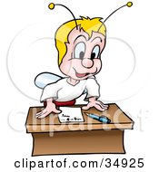 Clipart Illustration Of A Blond Fly Bug Standing Up Over A Note On A Desk by dero