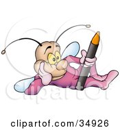 Clipart Illustration Of A Fly Dressed In Purple Daydreaming And Holding A Crayon