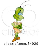 Clipart Illustration Of A Green Beetle With Blue Eyes Dressed In Orange Cupping His Hands And Looking Back