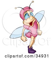 Poster, Art Print Of Green Blue Eyed Winged Beetle Dressed In Pink