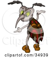 Clipart Illustration Of A Green Eyed Beetle With Patterned Wings Gesturing And Pointing Left