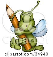Clipart Illustration Of A Sweet Green Beetle Hugging A Brown Colored Pencil