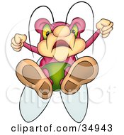 Poster, Art Print Of Mad Pink Beetle With Green Eyes Flying Down With His Feet First