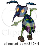 Poster, Art Print Of Blue Purple And Green Beetle Gesturing And Pointing Left