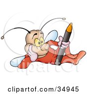 Clipart Illustration Of A Fly Dressed In Orange Daydreaming And Holding A Crayon by dero
