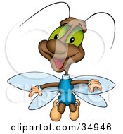 Poster, Art Print Of Friendly Brown Beetle With Green Eyes And Blue Wings