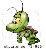 Poster, Art Print Of Happy Green Bug Carrying A Leather Backpack