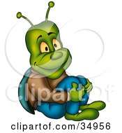 Poster, Art Print Of Happy Green Beetle In Jeans Sitting On The Ground And Holding His Knees